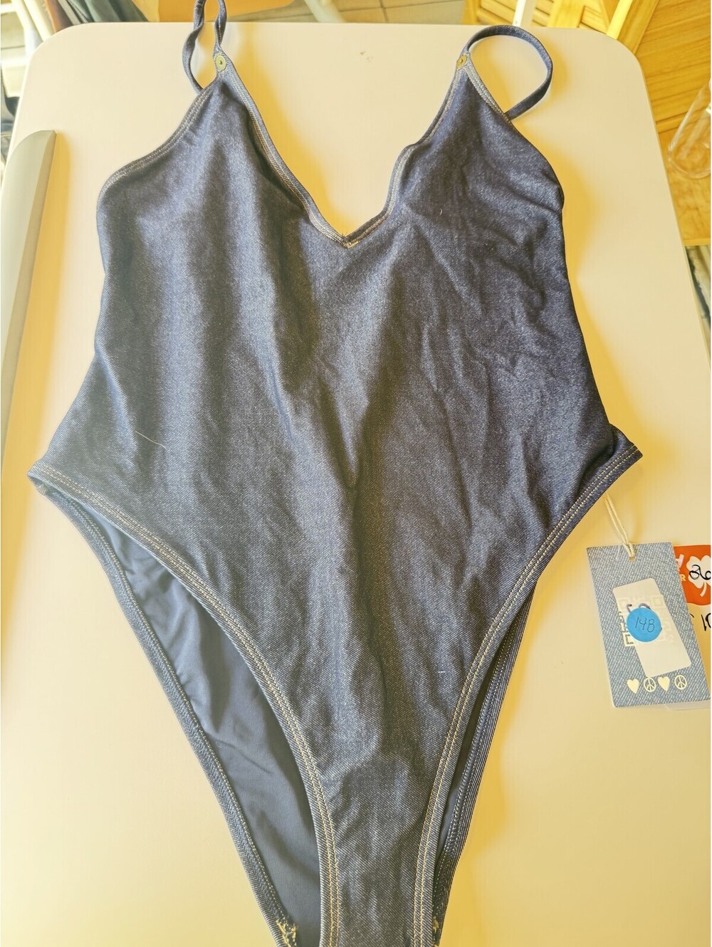 aerie One-Piece Swimsuit Denim-Look Blue Size M NWT